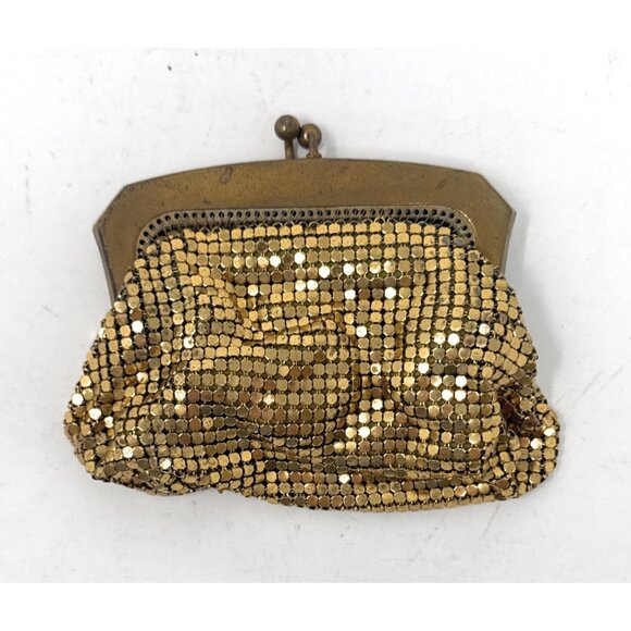Vtg Chain Mail Mesh Purse Gold Tone Metal Change Clutch Kiss Clasp - Picture 1 of 3